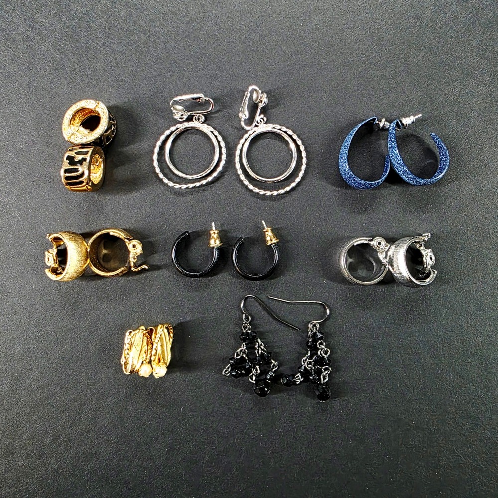 Mixed‎ Earring Lot 8 Pairs Gold Silver Tone Hoops Dangles Clip On Vintage Style